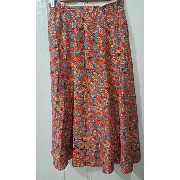 Vintage Silk Spirit Womens Medium 100% Silk  Paisley Maxi Skirt Pockets Orange - Picture 2 of 9